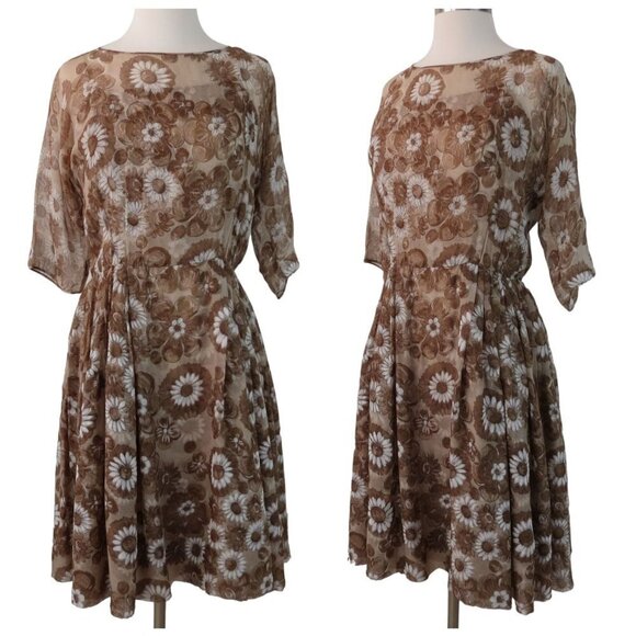 Vintage Dresses & Skirts - Vintage 1960s Women's Brown Daisy Floral Chiffon Fit & Flare Dress